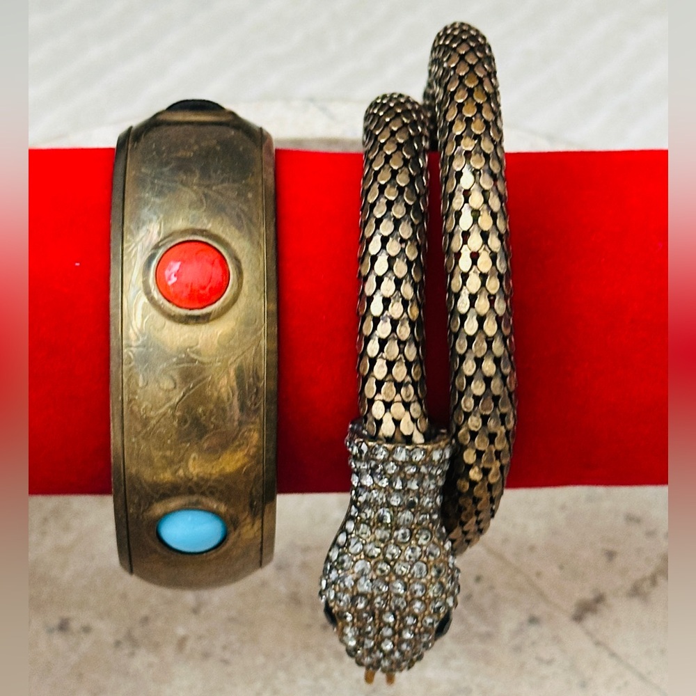 ✨ Vintage Etched Stone Cuff + Snake Wrap Bracelet Set ✨